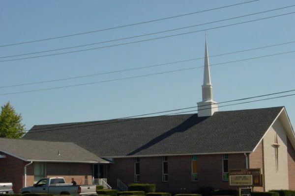 Church with large shingled roof